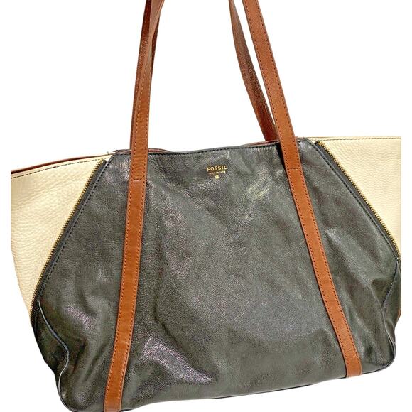 Boho Fossil Black & Brown Leather Tote Purse Hobo Bag Expandable Side Zippers - Picture 1 of 10